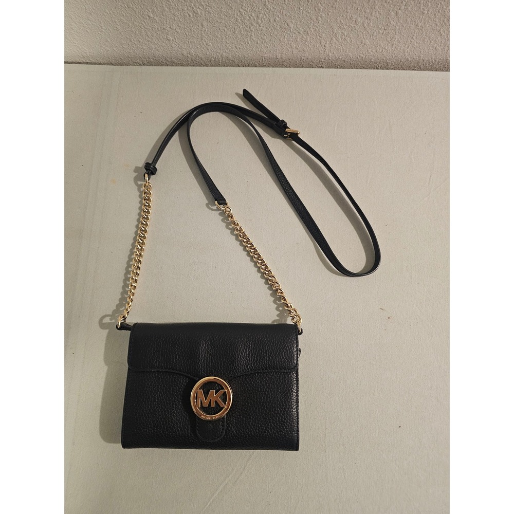 Michael Kors Small Black Pebbled Leather Crossbody Bag Gold Chain Strap